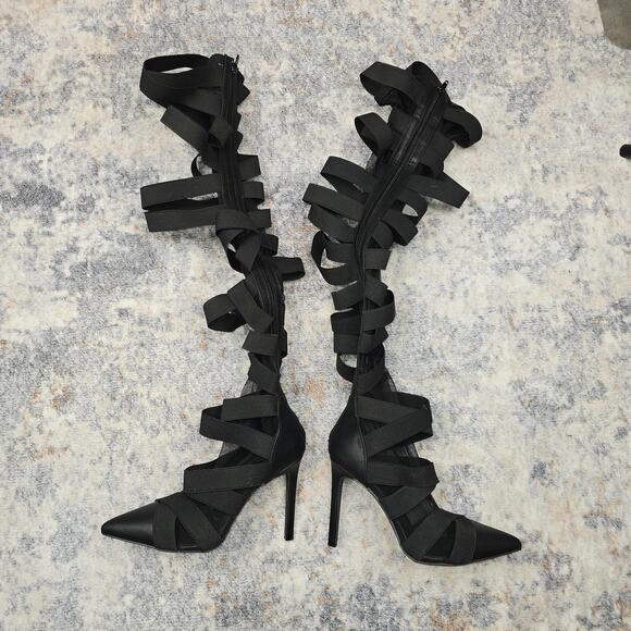 Fashion Nova Boots Womens Size 8 Black Mesh Strappy Thigh High Heels Stiletto - Picture 3 of 8